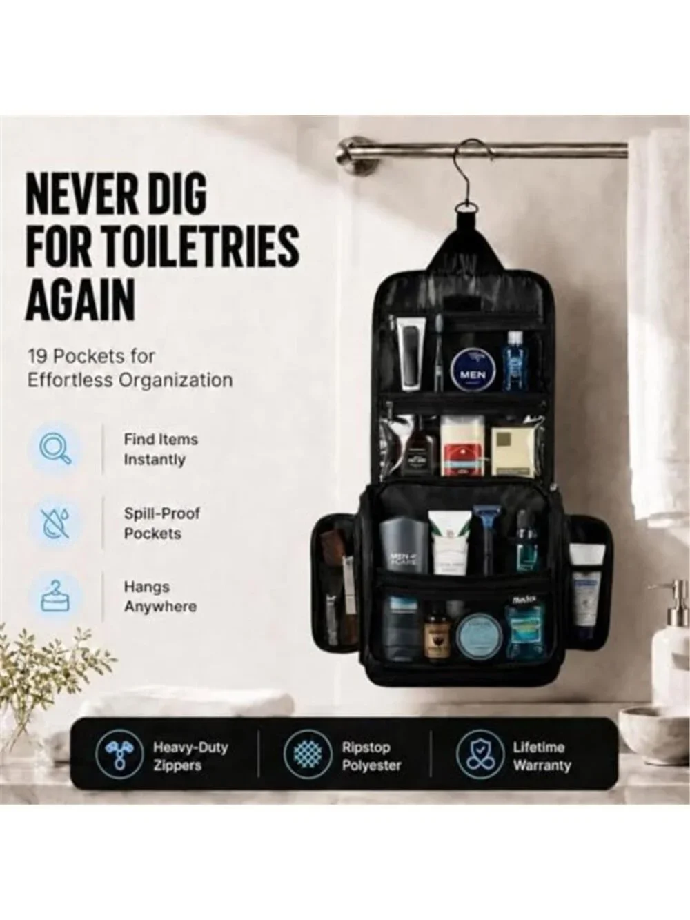 Travel Toiletry Bag for Men - Large Dopp Kit (10.6